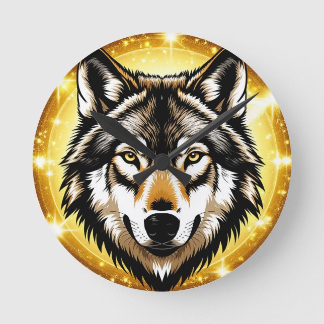 Majestic Wolf Portrait with Golden Background Round Clock (Front)