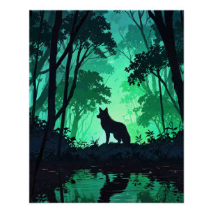 Majestic Wolf Silhouette in Mystical Green Forest Poster