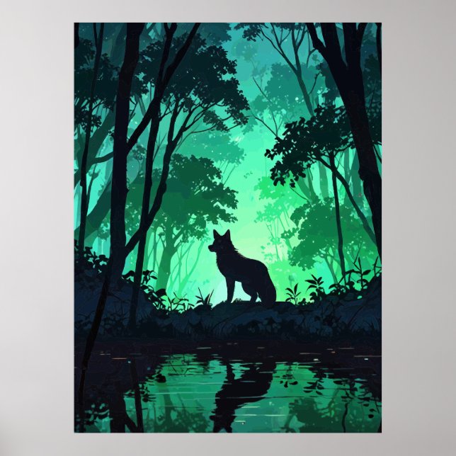 Majestic Wolf Silhouette in Mystical Green Forest  Poster (Front)