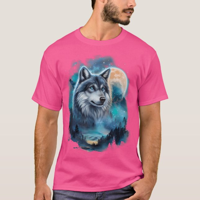 Majestic Wolf Under Moonlit Forest Sky T-Shirt (Front)
