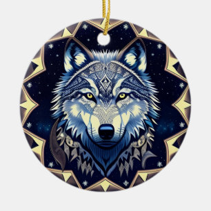 Majestic Wolf Under Starry Sky Ceramic Tree Decoration
