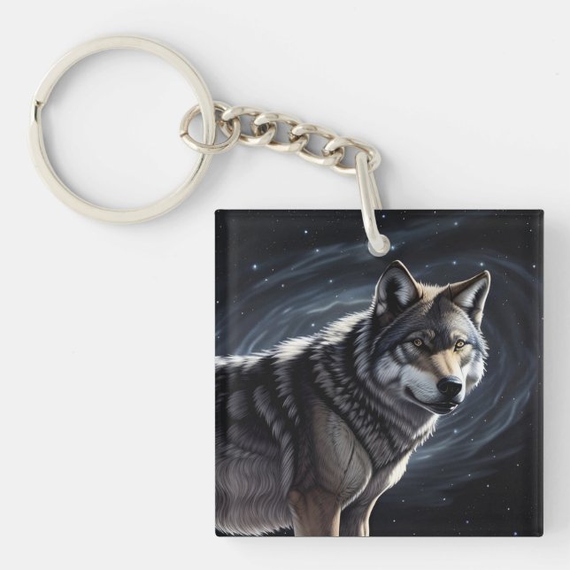 Majestic Wolf Under Starry Sky Key Ring (Front)