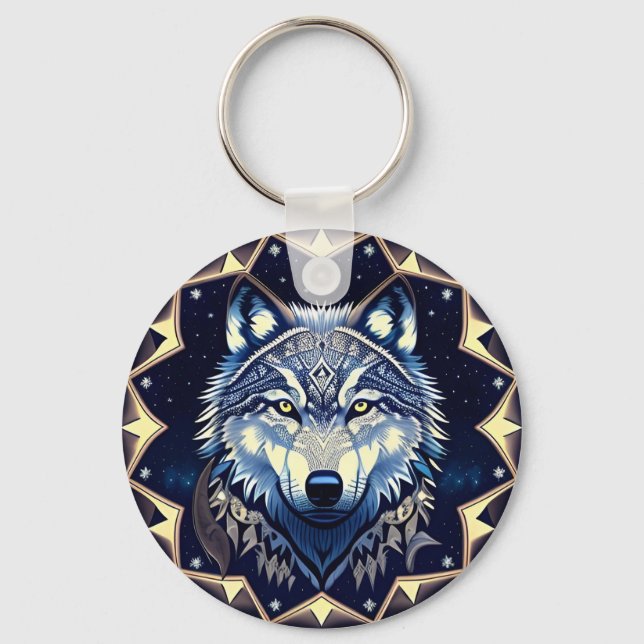 Majestic Wolf Under Starry Sky Key Ring (Front)