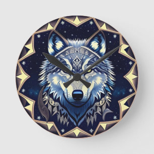 Majestic Wolf Under Starry Sky Round Clock