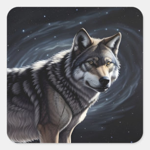Majestic Wolf Under Starry Sky Square Sticker