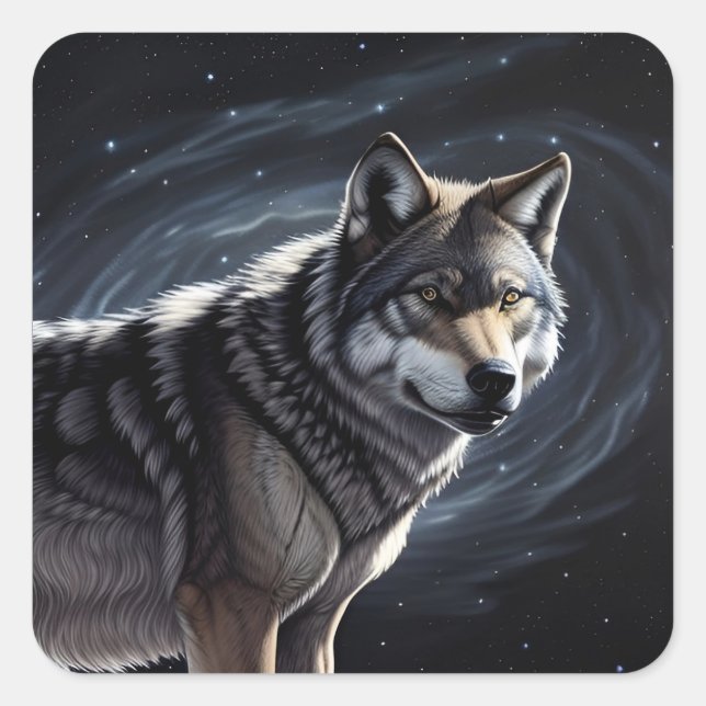 Majestic Wolf Under Starry Sky Square Sticker (Front)