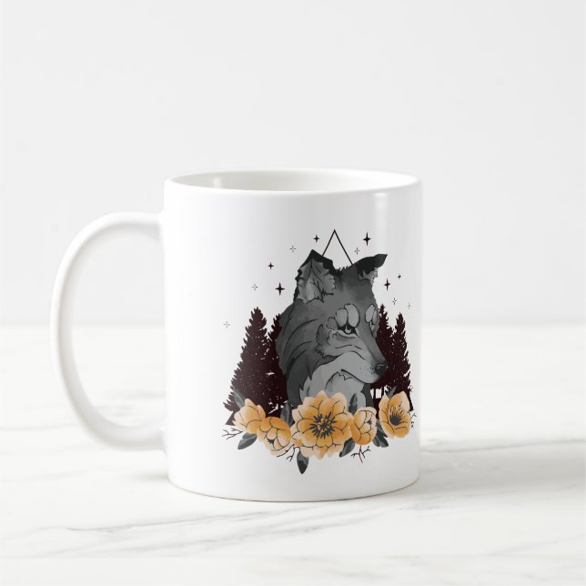 Majestic Wolf Wildlife Illustration Coffee Mug (Left)