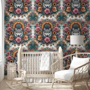 Majestic Wolf with Roses & Sunflowers Wallpaper