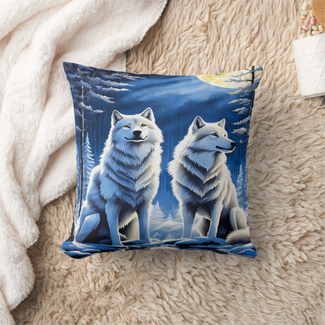 Majestic Wolves Beneath the Moonlit Sky Cushion (Blanket)