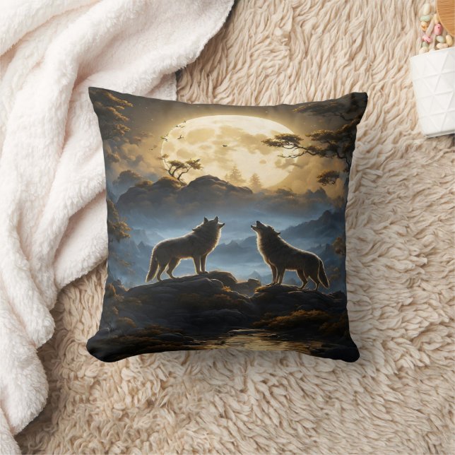 Majestic Wolves Howl Under Full Moonlight Cushion (Blanket)