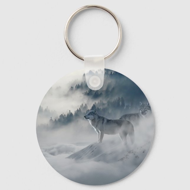 Majestic Wolves in the Forest Mist Key Ring (Front)