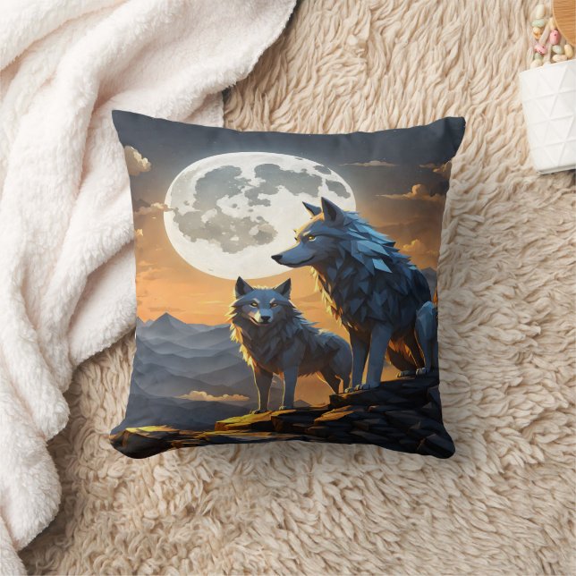 Majestic Wolves Under Full Moon.  Cushion (Blanket)