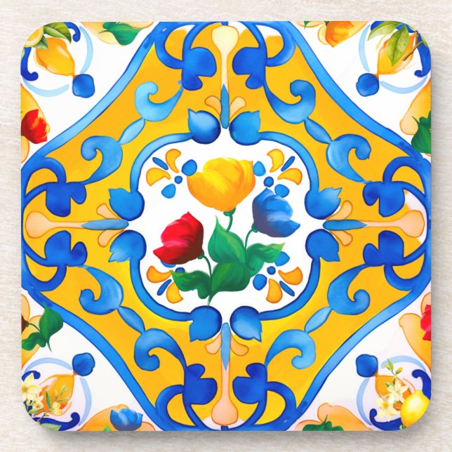 Majolica,blue tiles,Sicilian tiles,Ceramic Tile Coaster (Front)