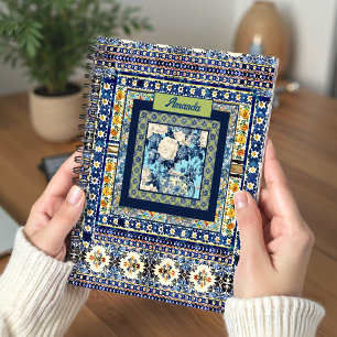 majolica floral pattern, italian ceramic art, blue notebook