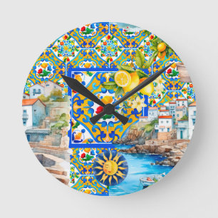 Majolica,lemon ,Sicilian tiles, Round Clock