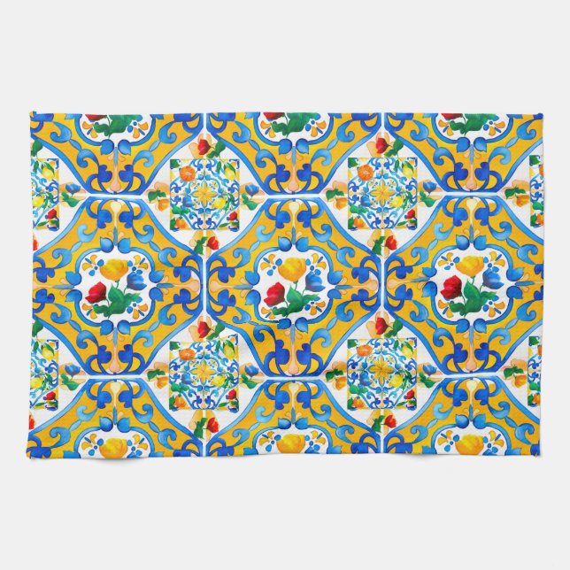 Majolica,lemon ,Sicilian tiles, Tea Towel (Horizontal)