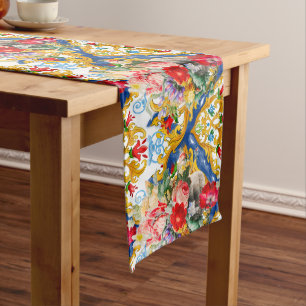 Majolica,Sicilian style, flowers Long Table Runner
