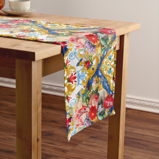 Majolica,Sicilian style, flowers   Long Table Runner (In Situ)