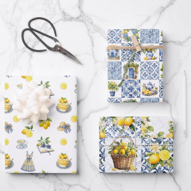Majolica Tiles Blue Lemons Amalfi Italy 2 Wrapping Paper Sheet (Front)