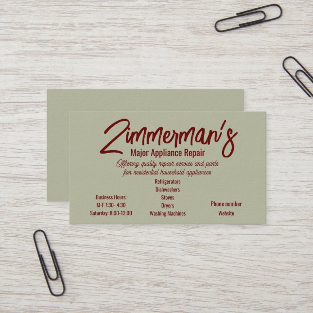  Major Appliance Repair Business Card (Front/Back In Situ)