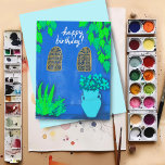Majorelle Gardens Blue La Jardin HAPPY BIRTHDAY Postcard<br><div class="desc">Pretty blue walls and bright colourful plants,  hand drawn by me for you! Take a look at my shop for more!</div>