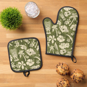 Makapuu Beach Hawaiian Batik Olive Oven Mitt & Pot Holder Set