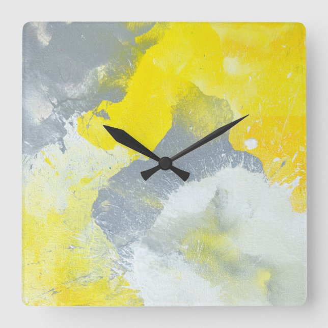 'Make A Mess' Grey and Yellow Abstract Art Clock (Front)