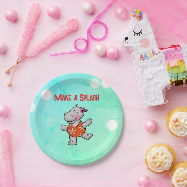 Make a Splash Hippo Birthday Pool Party Paper Plate (Party)