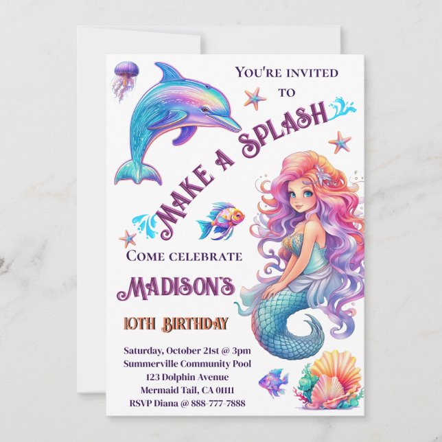 Make A Splash Mermaid Birthday Party  Invitation (Front)