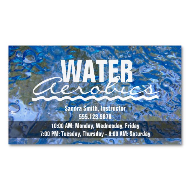 Make a Splash Sparkling Blue Water Aerobics Magnetic Business Card (Front)