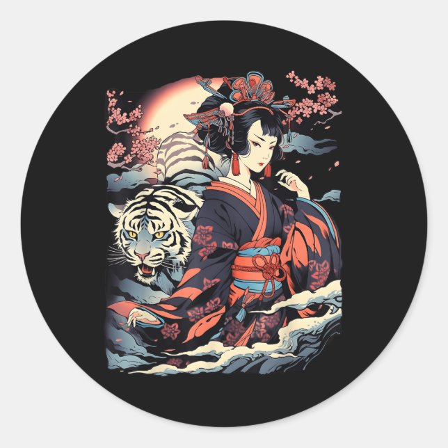 Make A Statement With This Bold Geisha And Tiger T Classic Round Sticker (Front)