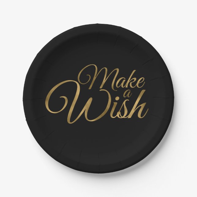 Make a Wish Black & Gold Birthday Paper Plate (Front)
