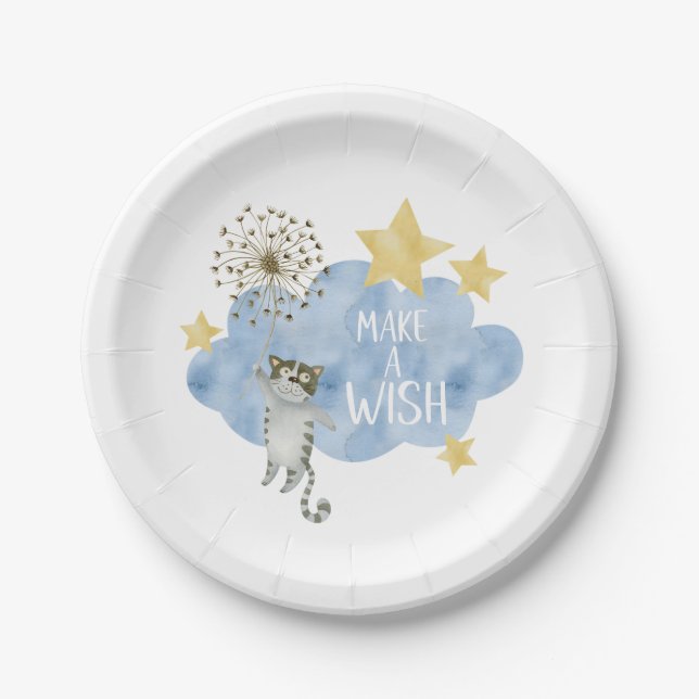 Make A Wish Cat Stars Cloud Birthday Party Paper Plate (Front)