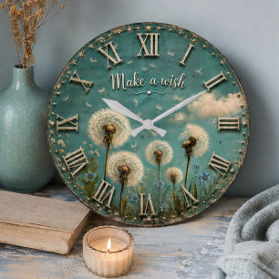 Make a Wish Dandelion Rustic Farmhouse Floral Large Clock