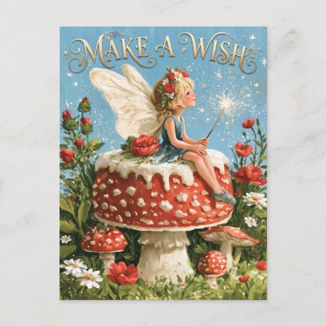 "Make a Wish" Fantasy Fairy on a Mushroom  Postcard (Front)