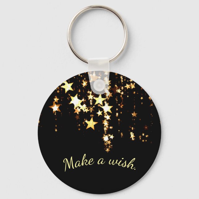 Make a Wish on Falling Gold Stars on Black Key Ring (Front)