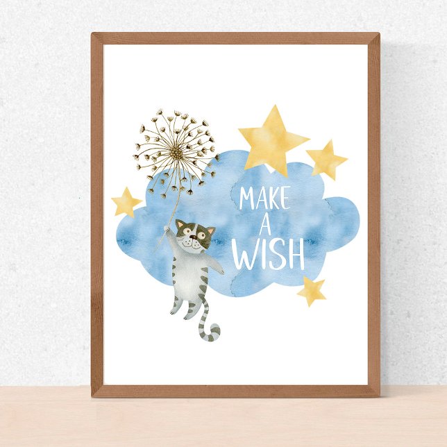 Make A Wish Quote Cat Stars Cloud Nursery Baby Poster (Creator Uploaded)