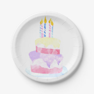 Make a Wish   Watercolor Happy Birthday Cake Paper Plate