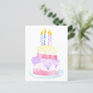 Make a Wish   Watercolor Happy Birthday Cake Postcard
