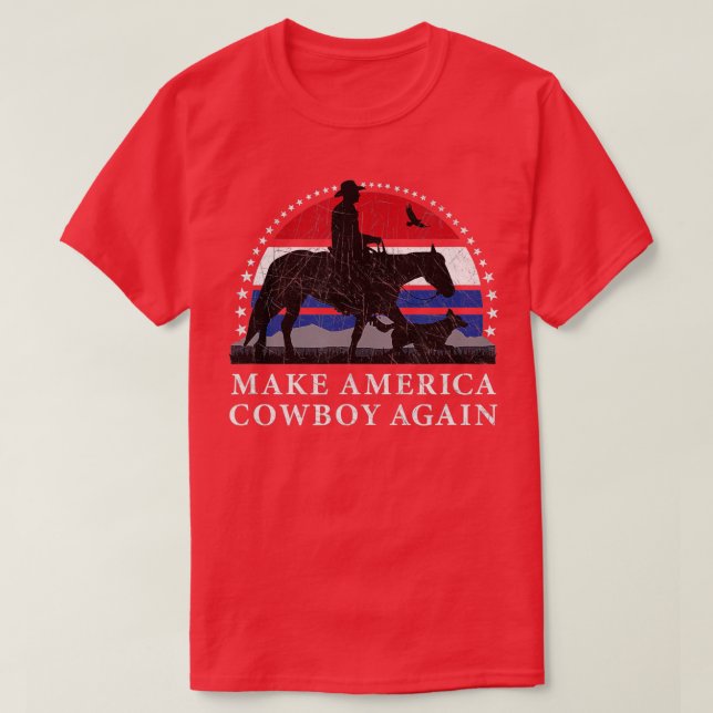 MAKE AMERICA COWBOY AGAIN, HORSE AND DOG DESIGN, F T-Shirt (Design Front)