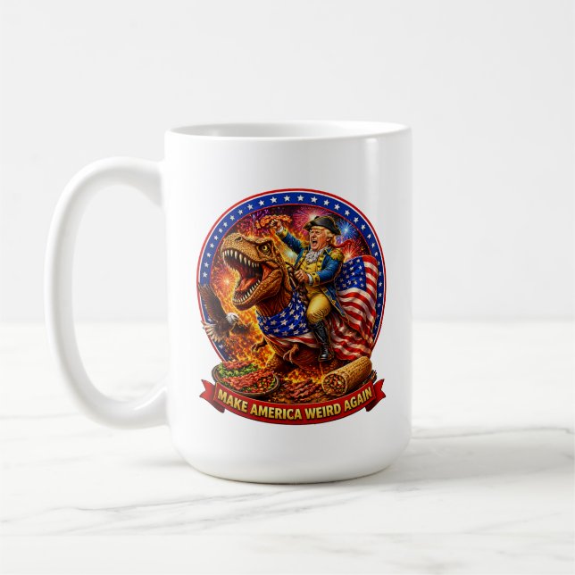 Make America Weird Again Funny Patriotic T-Rex Coffee Mug (Left)