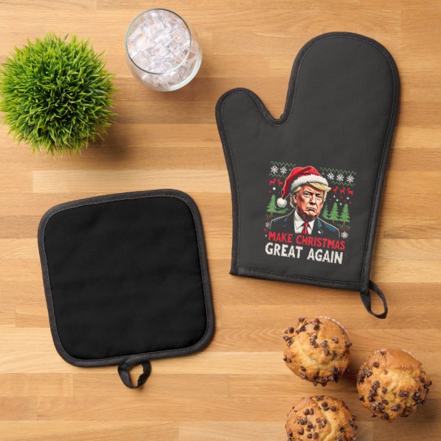 Make Christmas Great Again Ugly Xmas Sweater Trump Oven Mitt & Pot Holder Set (Top Down)