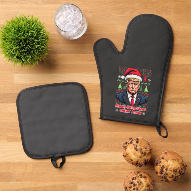 Make Christmas Great Again Ugly Xmas Sweater trump Oven Mitt & Pot Holder Set (Top Down)