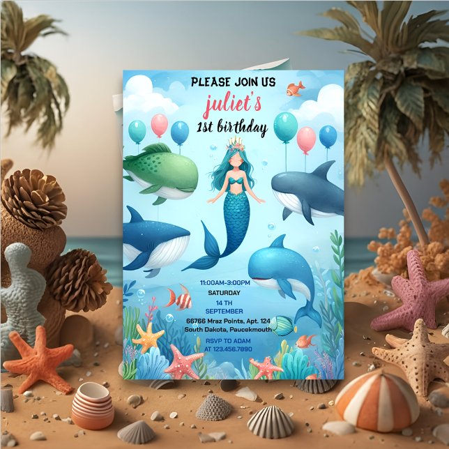 make cool fish sea blue whale shark 1st Birthday Invitation (Creator Uploaded)