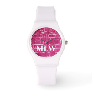 Make Custom Monogram Hot Pink Faux Crocodile Watch