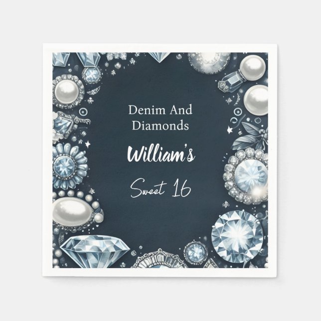 Make Elegant Gem Bling Denim And Diamonds Sweet 16 Napkin (Front)