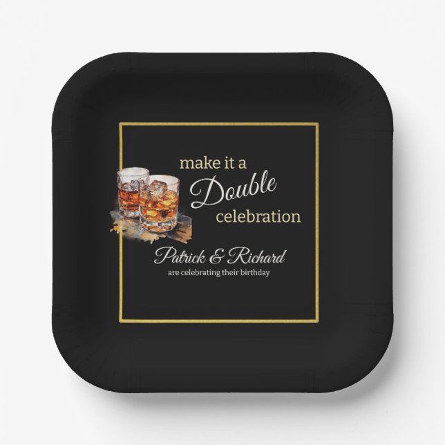 Make it a Double Celebration Black Whiskey Glass Paper Plate (Front)