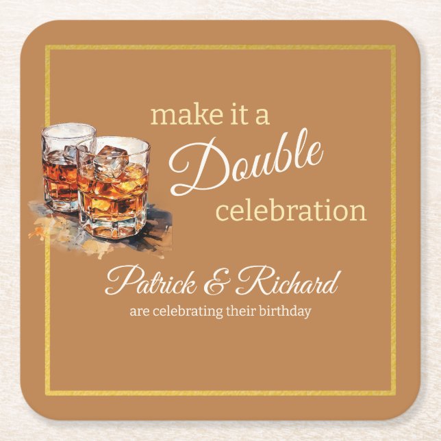 Make it a Double Celebration Brown Whiskey Glass Square Paper Coaster (Front)