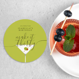 Make It Thirty Green Martini 30th Birthday Party Round Paper Coaster