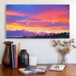 Make Magic Quote Script Orange Blue Sunrise Photo Canvas Print<br><div class="desc">It’s a brand-new day and time to “make your own magic”. That’s the message of this stunning photography wall art canvas comprised of a dramatically lit sunrise in blue, pink, orange, and yellow. Makes a great gift for someone special! You can easily personalise this wall art plus I also offer...</div>